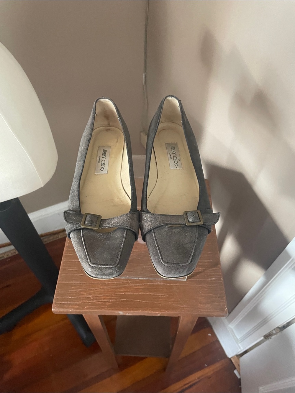 Jimmy Choo Gray Suede Square-Toe Heels with Buckle